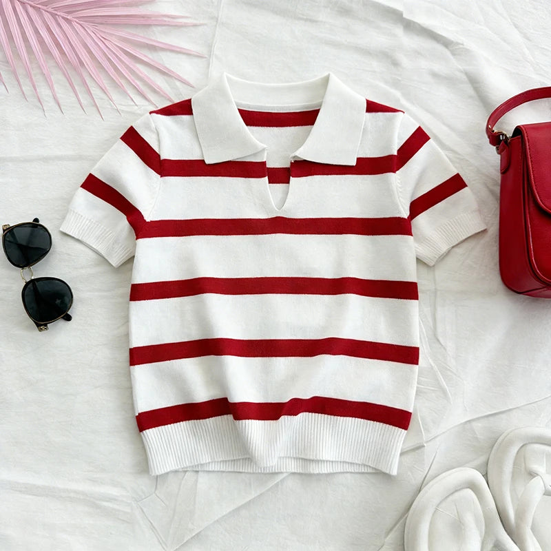 Red White Striped Summer Knit Polo Top Women's Short Sleeve Collared Shirt Lightweight Elastic Casual Daily Knitted Blouse Tee - Matrix-studios.com