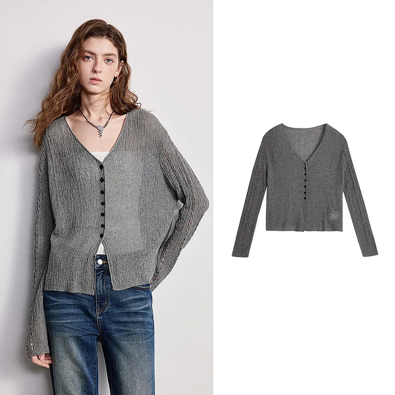 TOYOUTH Women Knitwear 2026 Spring New Loose Hollowed Out V-neck Cardigan Jacket - Matrix Studios