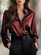 Elegant Black Satin Long Sleeve Blouse for Women  Button-Up Collar Shirt Perfect for Casual or Professional Wear - Matrix-studios.com
