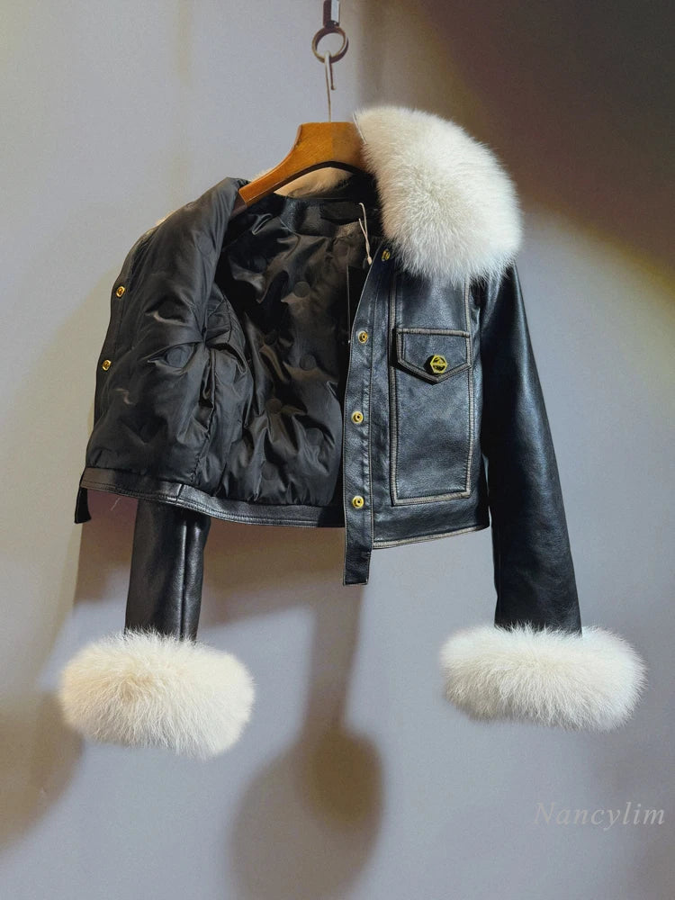 Temperament Black Leather Jacket Women 2026 Winter Real Fox Fur Short High Waist PU Leather Coat Slim-Fitting Coats - Matrix Studios