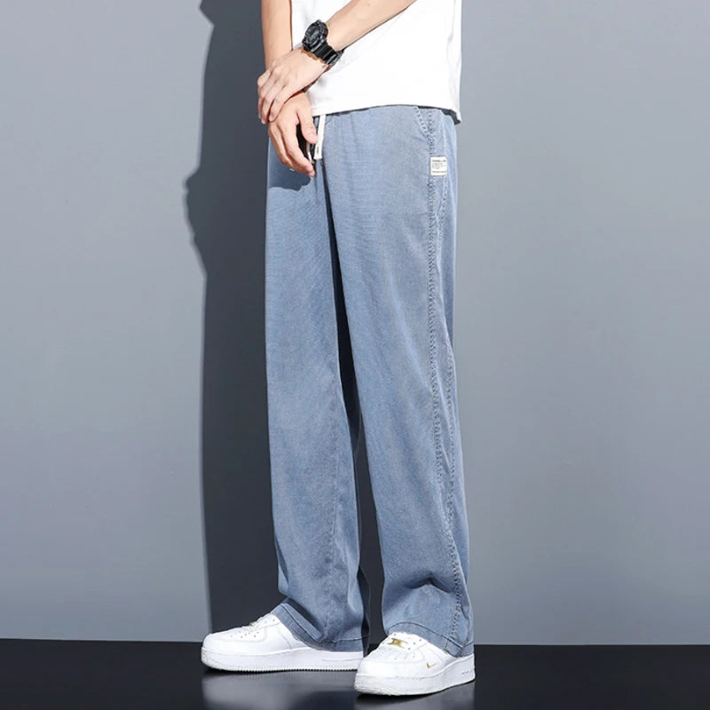 Summer Soft Lyocell Fabric Men's Jeans Thin Loose Straight Pants Drawstring Elastic Waist Korea Casual Trousers Plus Size M-5XL - Matrix Studios