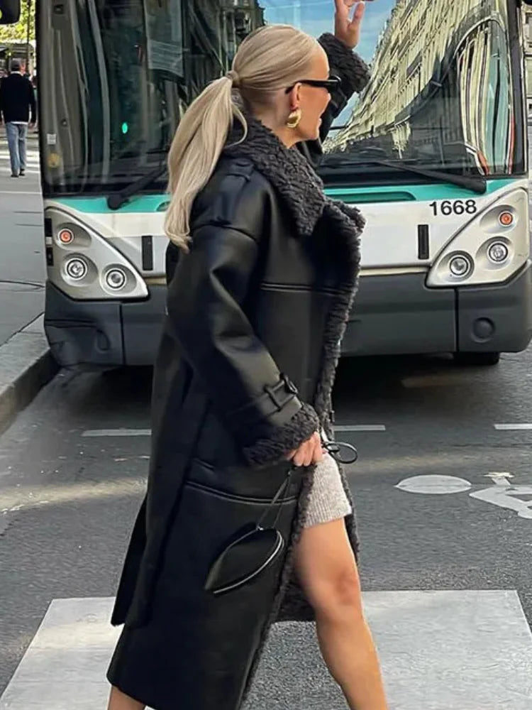 Women's Black Fur Patchwork Leather Overcoat Fashion Laple Long Sleeve With Belt Loose Coat 2025 New Winter Office Commute Wear - Matrix Studios