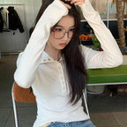 Y2K High Street Women Sweaters New Gray White Button Up Bottoming Pullover Woman Slim Fit Long Sleeve Knitted T-Shirt - Matrix Studios