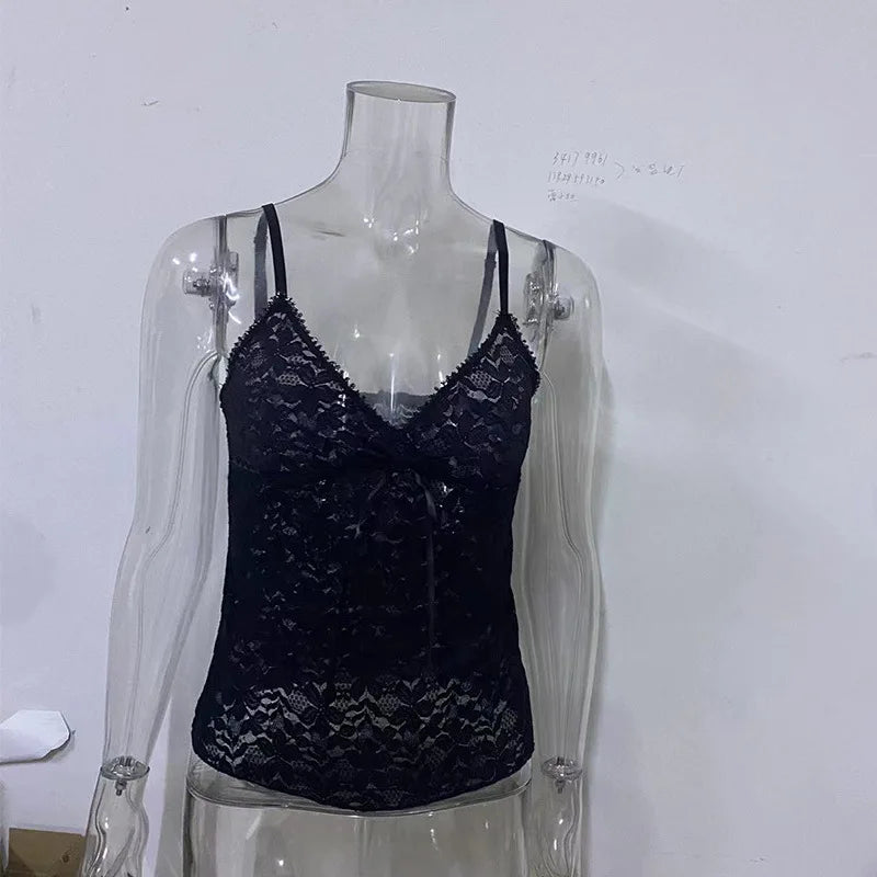 Black See Through Lace Cami Crop Tops Women Summer Y2K Clothes Sleeveless V Neck Sexy Tanks Camis Aesthetic 2000s Gothic Tees - Matrix-studios.com