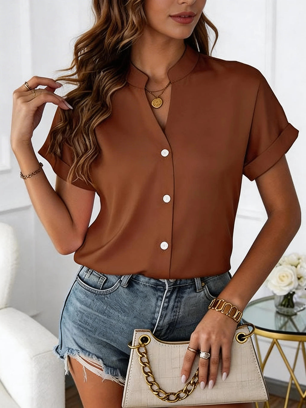 European Style Simple V-Neck Blouse for Women - Summer Short-Sleeved Loose-Fitting Slimming Professional Business Shirt - Matrix-studios.com