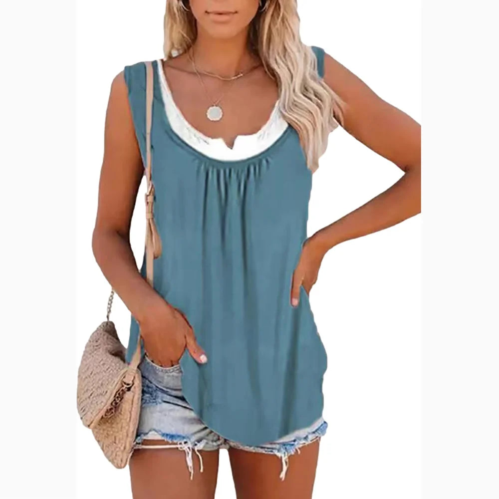 2026 Summer New Arrival Women's Two-Piece Look Sleeveless Tank Top Leaf Print Loose Casual Camisole with Pockets - Matrix-studios.com