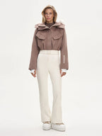 Faux Fur Patchwork Ski Jumpsuit Women Detachable Hoodie Long Sleeves Belts Zipper Warm Skiwear Female 2025 Winter Warm Rompers - Matrix Studios