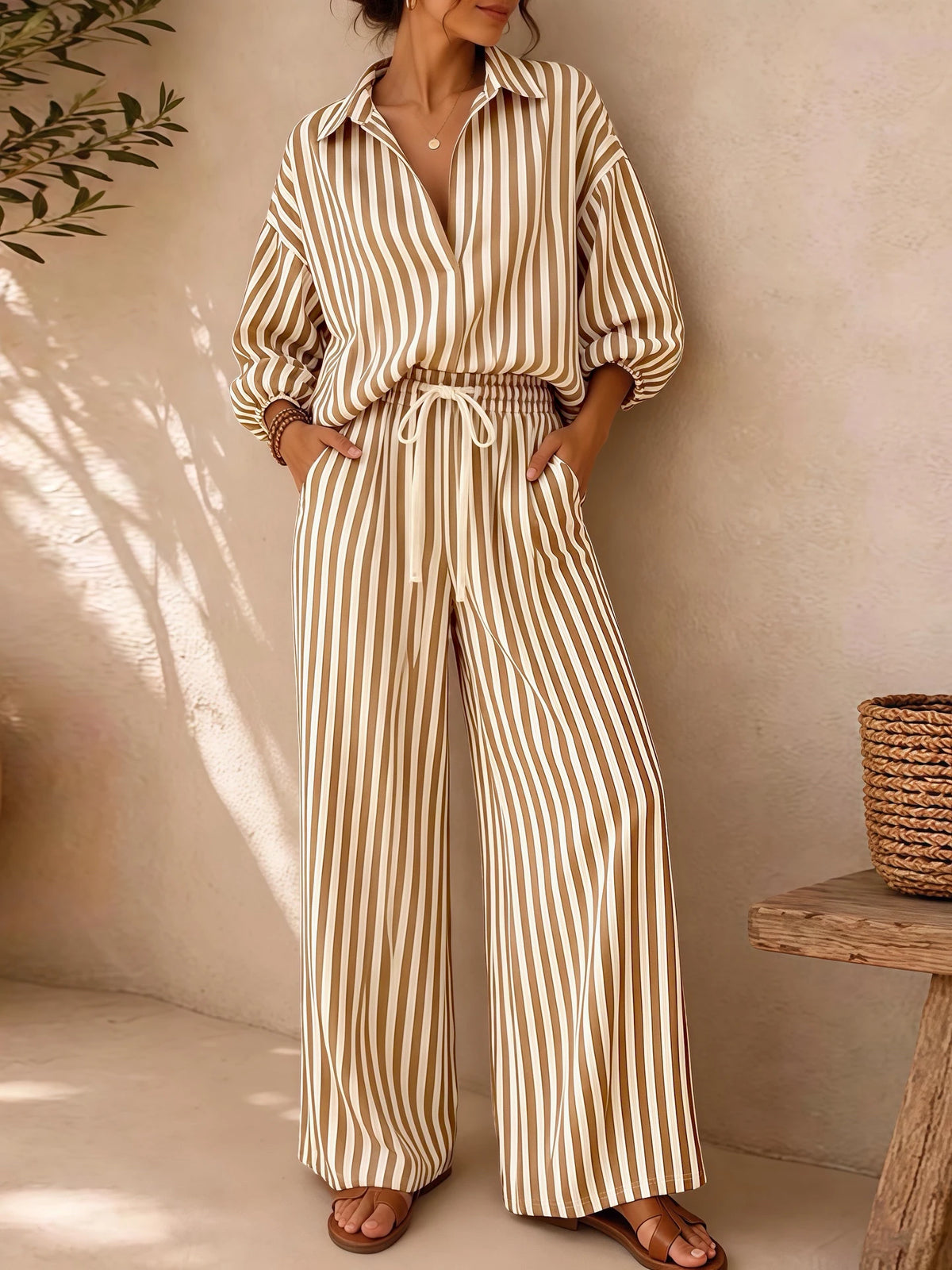 Women's Summer Striped V-Neck 3/4 Sleeve Top + Drawstring Straight-Leg Pants Set – Breathable, Elegant, Loose-Fit Casual Wear - Matrix-studios.com