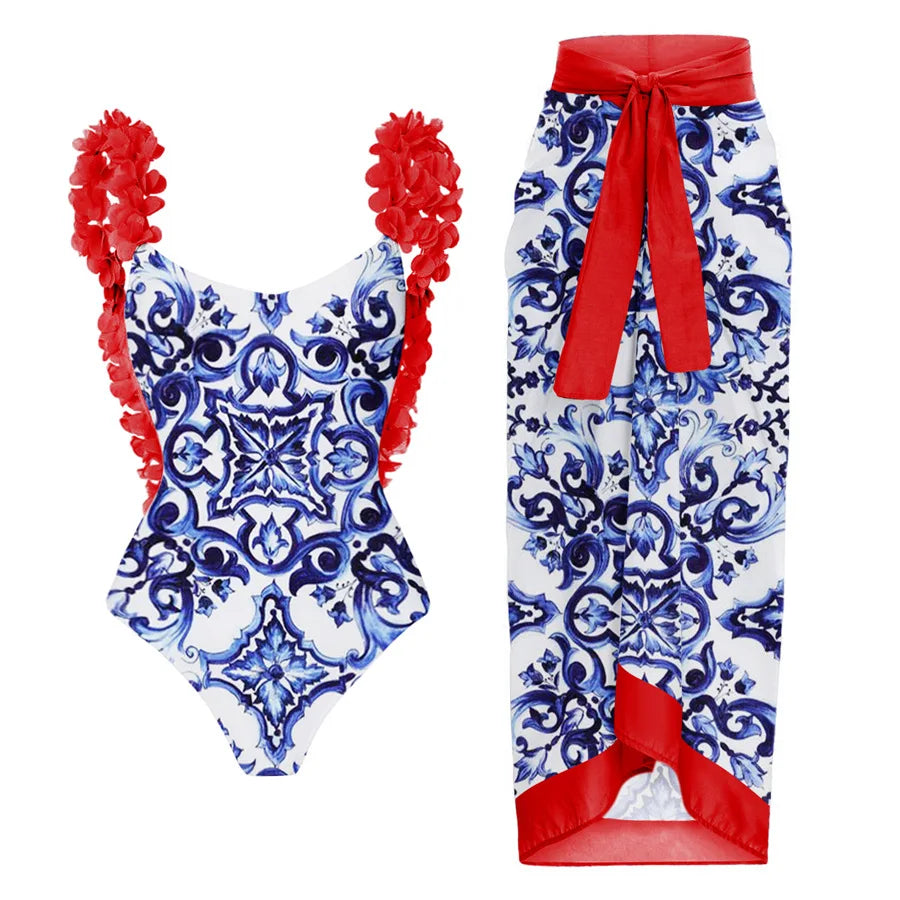 Fashion Women's Clothing One Piece Navy Print Swimsuit Bikini Set Beach Skirt Polyester Bodysuit Swimwear Style Wear Maxi Dress - Matrix Studios