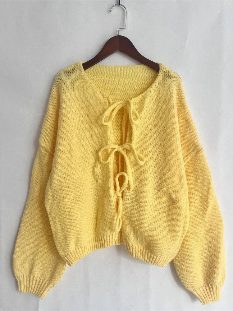 Solid Color O-neck Lace-up Knitted Cardigan Women 2025 Autumn Winter Streetwear Casual Simplicity Sweater Coats - Matrix Studios