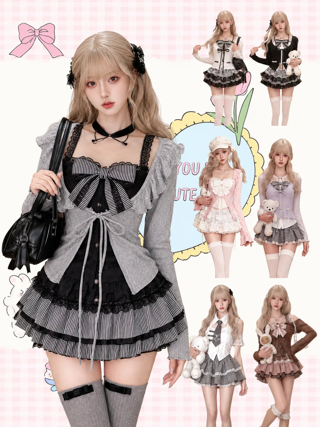 Japanese Sweet Preppy Style 2 Piece Set Women Kawaii Lace Patchwork Bow Tops + Y2k Plaid Mini Skirt Elegant Fashion Outifits New - Matrix-studios.com