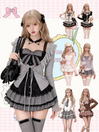 Japanese Sweet Preppy Style 2 Piece Set Women Kawaii Lace Patchwork Bow Tops + Y2k Plaid Mini Skirt Elegant Fashion Outifits New - Matrix-studios.com