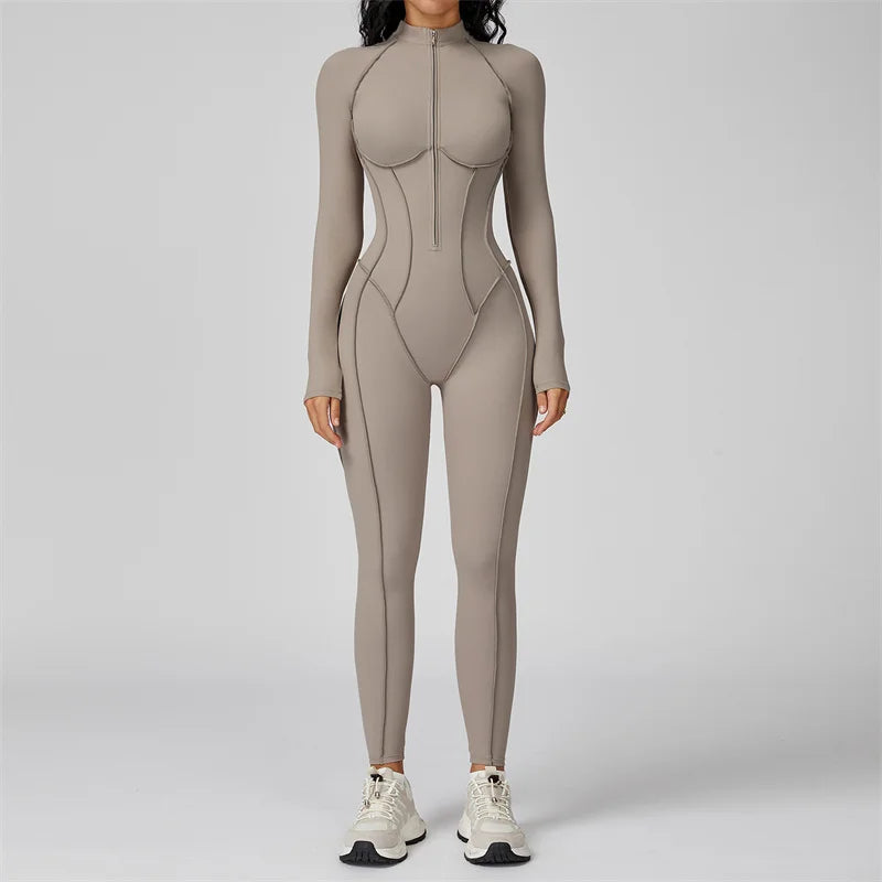 TRY TO BN Gym Jumpsuit Half Zipper Sports Stripe Fitness Bodysuit One-Piece Workout Activewear Tights Woman Suits Yoga Clothing - Matrix Studios