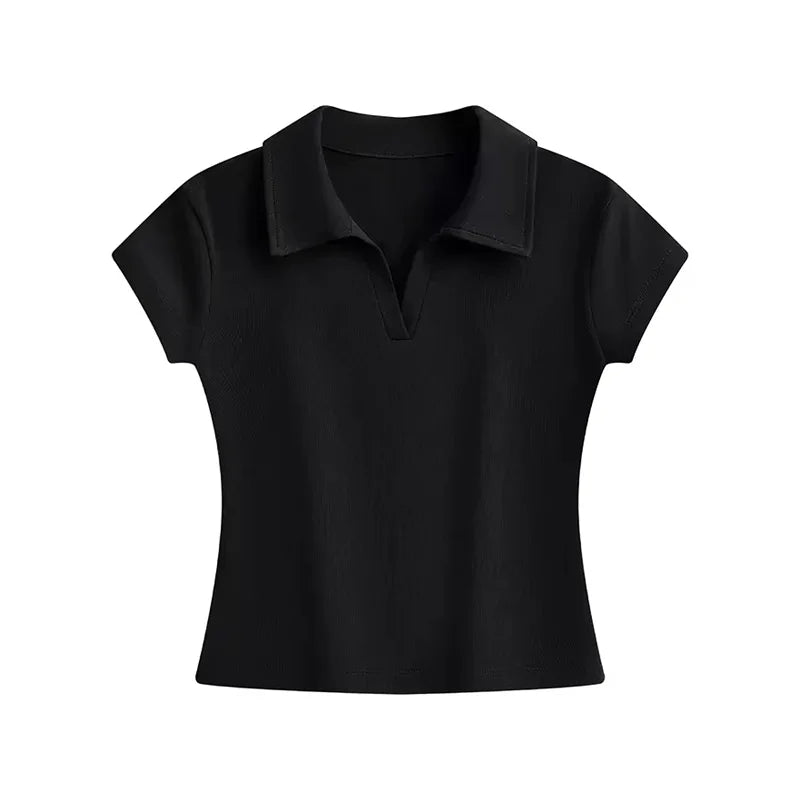 2026 Summer New Solid Color Ribbed Polo Collar Women T-shirt Korean Style Slim Short Sleeve Tee Minimalist Versatile Casual Top - Matrix-studios.com