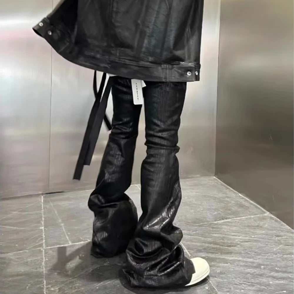 Streetwear Black Wax Leather Strecth Jeans for Men Ropa Hombre Baggy Y2k Flare Pants Oversized Straight Denim Trousers - Matrix Studios