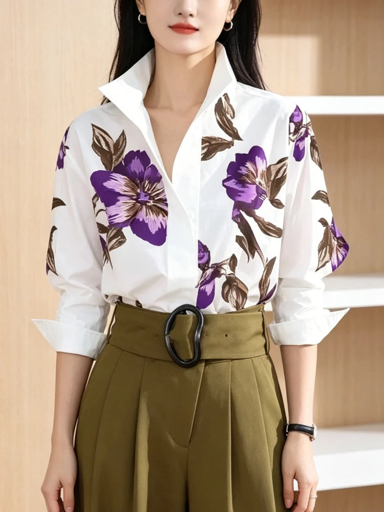 Modigirl 2025 Summer Spring Casual White Shirts for Women Long Sleeves Urban Elegant Stand Collar Woman Flower Print Blouse Tops - Matrix-studios.com