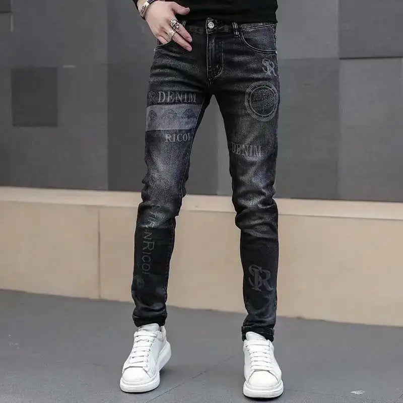 High End Stylish Classic Distinctive Printed Black Stretch Denim Jeans for Men High Quality Slim Fit Stretch Luxury Denim Pants - Matrix Studios