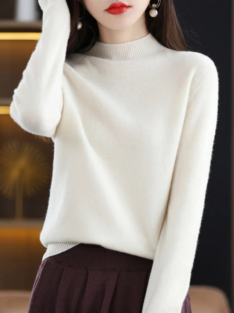 Fashion 100% Wool Sweater Women's Mock-Neck Knitwear Cashmere Pullovers Autumn Winter Long Sleeve Jumpers Clothing Tops - Matrix Studios
