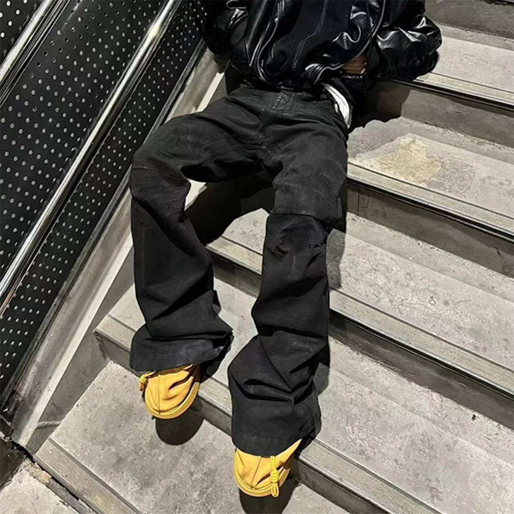 Streetwear Black Glue Coated Boot Cut for Men and Women Straight Baggy Casual Flare Pants Oversized Loose Denim Trousers - Matrix Studios