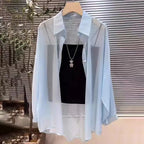 Plus Size Women’s Tops 2025 Summer Breathable and Sun-Proof Ice Silk Button Thin Loose Sheer Chiffon Blouses Shirts Long Sleeve - Matrix-studios.com