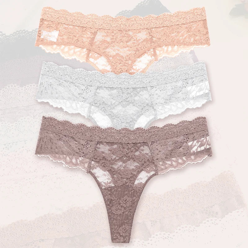 3Pcs Lace Sexy Thongs Women Low-Rise Briefs Sexy Soft Ladies Underwear Trendy Floral Underpants Female Flowery Panty Lingerie - Matrix Studios