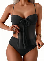 Women Solid Front Bow Chiffon Bikinis Set 2 Piece Tankini Swimsuit Strapless Bandeau Spaghetti Strap High Cut Beach Swimwear - Matrix-studios.com