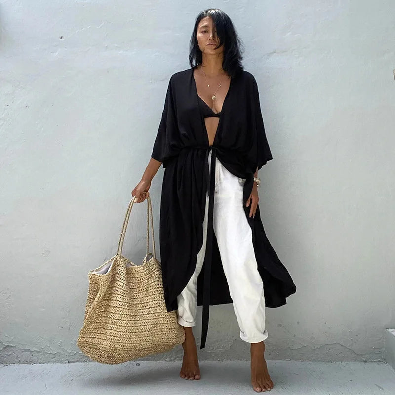 Beach Cover Up Kimono Women Summer 2022 New Pareo Swimsuit Cape Solid Bohemian Tunic Dresses Bathing Suits Dropshipping - Matrix Studios