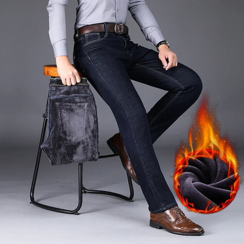 New Men's Fleece Warm Jeans Winter Thicken Plush Velvet Business Office Denim Trousers Brand Clothing Stretch Casual Male Pants - Matrix Studios