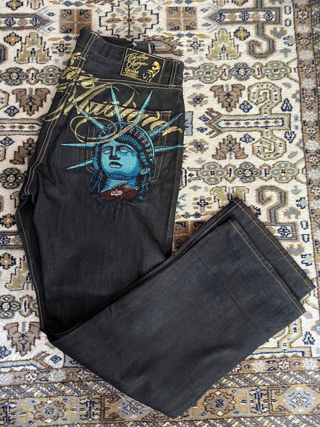 2000s Vintage Statue of liberty Diamonds Jeans Casual Denim Pants High Waist Straight Wide Leg Jeans Harajuku Y2k Women Clothing - Matrix-studios.com