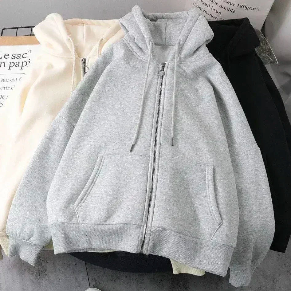 Korean Fashion Simple Gray Double Sided Oversized Zipper Hoodie Women Y2K New Harajuku Gothic Casual Joker Couple Sweatshirt - Matrix Studios