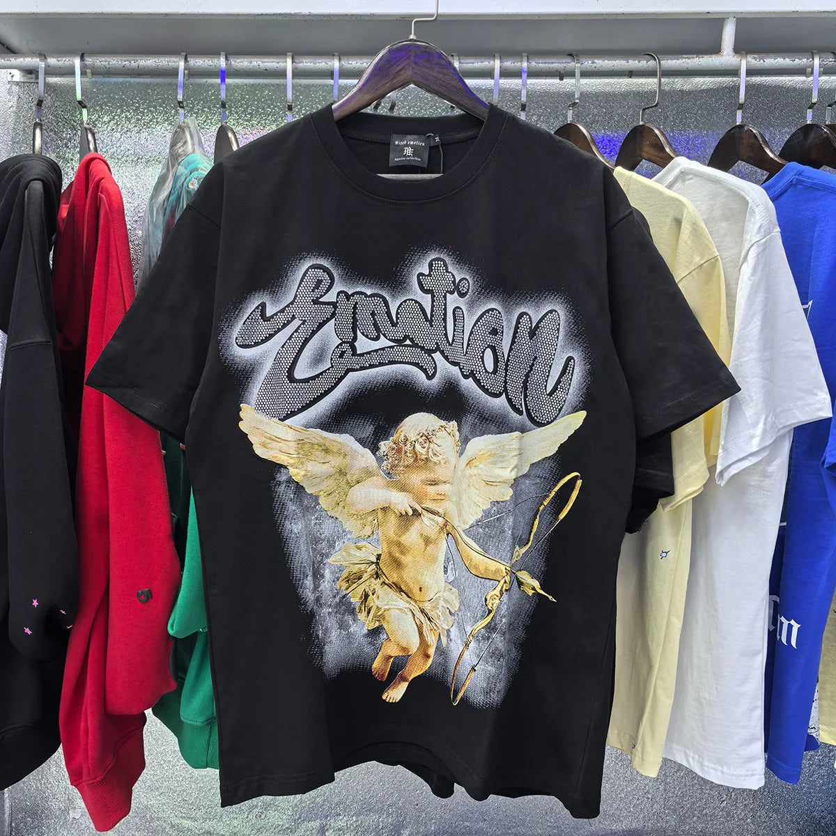 MIXED EMOTION Shirt Rhinestone Short Sleeve Men Women T-shirt Streetwear 100% Cotton Loose Round Neck Top Tees Oversized Tee Top - Matrix Studios