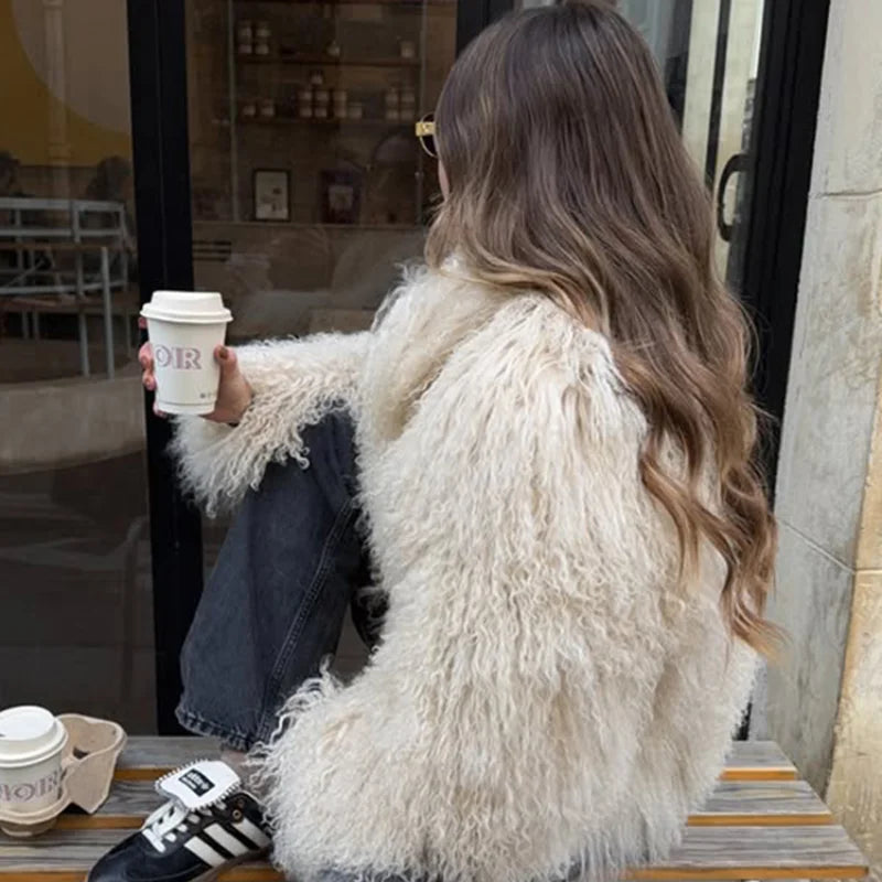 Solid Fluffy Woolen Faux Fur Jacket Women Fashion Turn Down Collar Long Sleeve Loose Coats Lady Winter Daily Street Outwears - Matrix Studios
