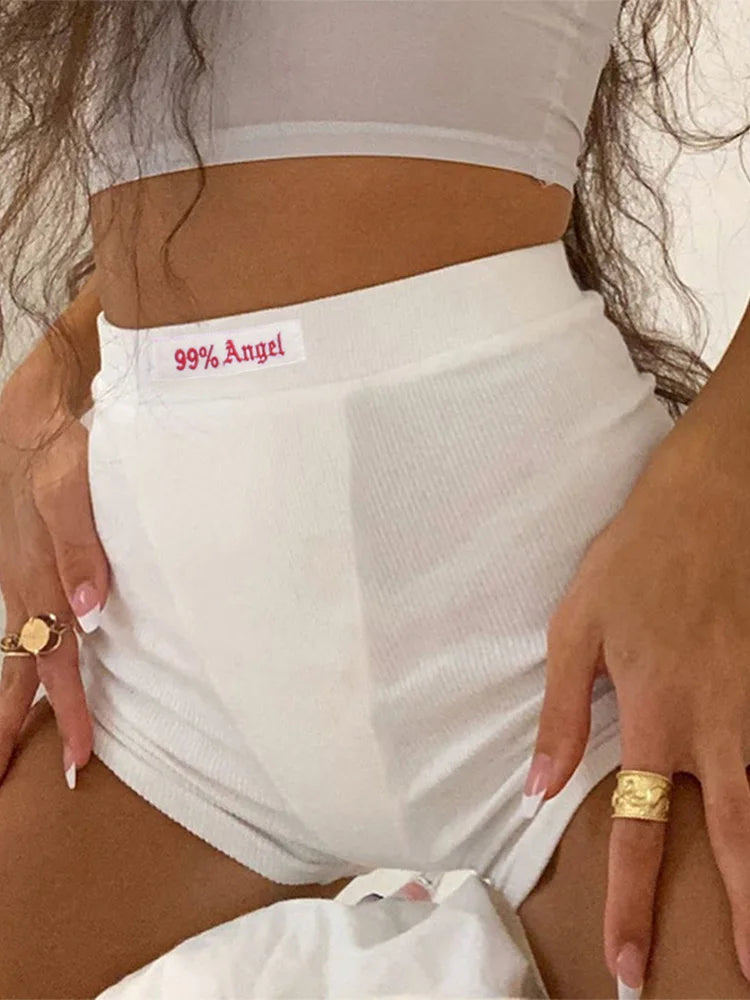 Summer White Letter Embroidery Biker Shorts Women Ribber Knit Black High Waist Casual Streetwear Shorts - Matrix Studios
