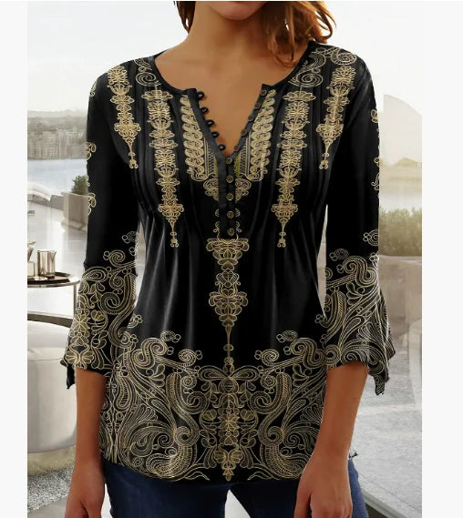 V-Neck Elegant Office Lady Blouses Tops Blusas 2024 Casual Trendy Summer Blouses Print Three Quarter Buttons Women Shirts S-3XL - Matrix-studios.com