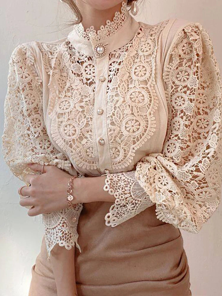 Women Chiffon Button Turtleneck Shirt Chic Elegant Floral Lace Fluffy Long Sleeve Top Fashion Hollow Oversize White Blouse 2025 - Matrix-studios.com