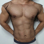 Men Sexy Tank Tops Fishnet Rhinestone Shiny Hollow Vest Man Mesh See-Through Sleeveless T-Shirt Transparent Clothing - Matrix Studios