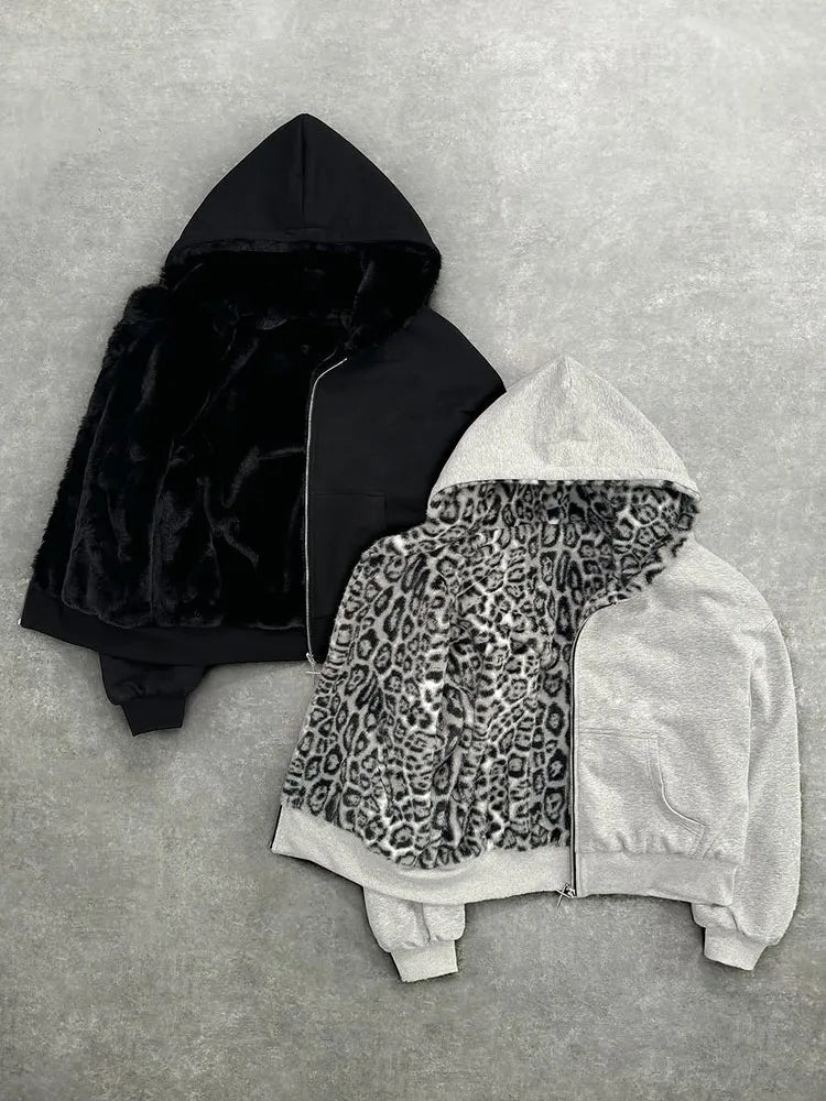 Unisex hoodie hooded sweatshirt with leopard print lining pocket, loose cardigan, zipper sweatshirt, streetwear style - Matrix Studios