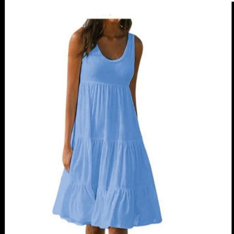 Bohemian Women's Casual O Neck Sleeveless Ruffle Mini Dress Solid Color Beach Tank Top Oversized Loose Dress Plus Size Women3029 - Matrix-studios.com