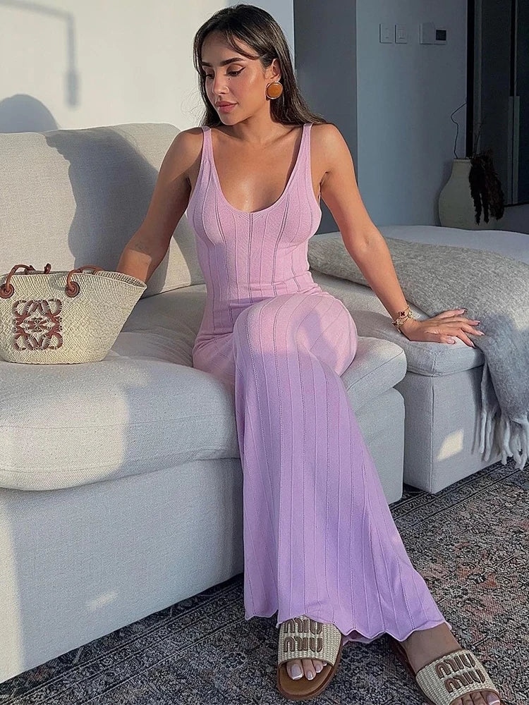 Trendix Knit Backless Dress For Women V Neck Slim Sleeveless Suspender Maxi Dress Vacation Sexy Beach Knitted Elegant Long Dress - Matrix-studios.com