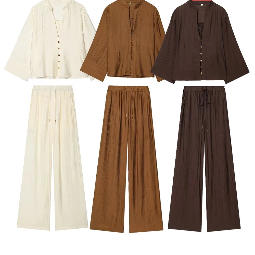 Autumn new women's loose and simple V-neck long sleeved shirt with elastic waist and wide leg pants set - Matrix-studios.com