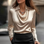 Elegant Women's Satin Shirt Blouse New Print V-neck Swing Neck Long-sleeved Solid Color Loose Shirt Casual Top Office Ladies - Matrix-studios.com
