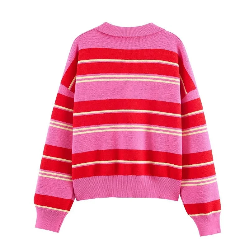 2026 Pink Red Striped Polo Knit Pullover - Women's Turn Down Collar Long Sleeve Loose Top, Spring Autumn Casual Wear for Daily - Matrix-studios.com