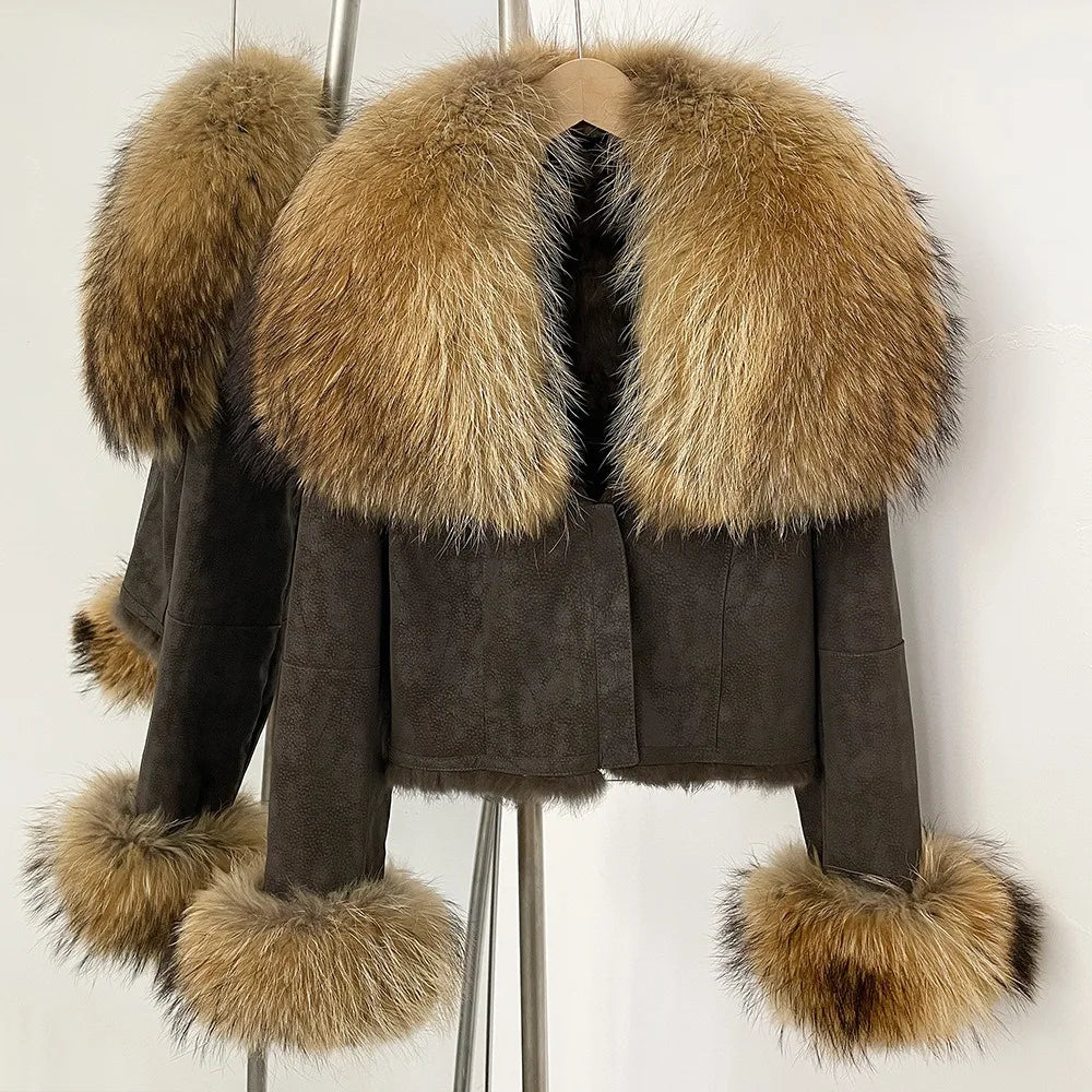 Hot Selling High-quality Big Raccoon Fur Collar Or Fox Fur Collar Winter New Suede Jacket Women Short Fashionable Slim Coat - Matrix Studios