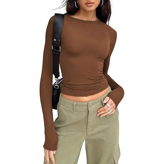 1pcs Four Seasons Fashion Senior Women T-shirt Long Sleeve Crew Neck Solid Slim Fit Tee Ladies Crop Top  Daily Streetwear Camis - Matrix-studios.com