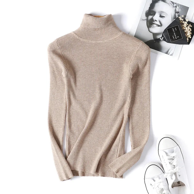 2026 Autumn Winter Women Long Sleeve Knitted Foldover Turtleneck Ribbed Pull Sweater Soft Warm Femme Jumper Pullover Clothes - Matrix Studios