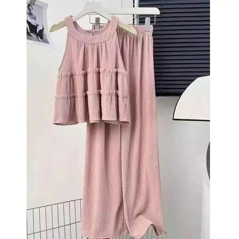 Faionable round Ne Svel Top High Waist Straight Leg Pants Women's Summer New Sle Korean Version Two-Piece Set - Matrix-studios.com