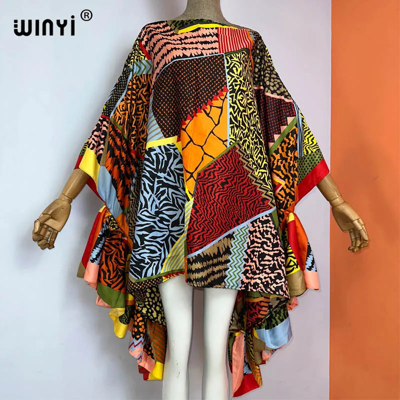 WINYI Women Summer Fashion Evening Party Beachwear Kuwait Bohemian Abaya Kaftan Puff Sleeve Sexy Elegant Beach Cover Up Dress - Matrix Studios