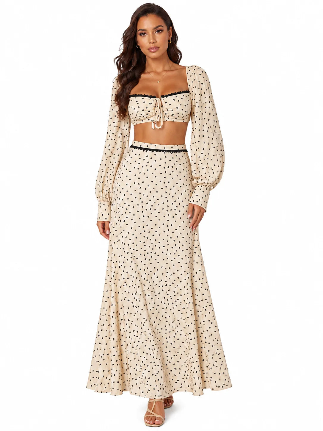 Women 2 Piece Boho Matching Sets, Integrated Puff Long Sleeve Cutout Back Tie‑Front Crop Top & High Waist Flowy Polka Dot Maxi Skirt, Summer Beach Vacation Co‑Ord Outfits - Matrix-studios.com