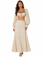 Women 2 Piece Boho Matching Sets, Integrated Puff Long Sleeve Cutout Back Tie‑Front Crop Top & High Waist Flowy Polka Dot Maxi Skirt, Summer Beach Vacation Co‑Ord Outfits - Matrix-studios.com