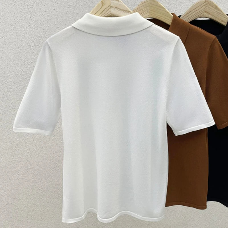 Elegant POLO Short Sleeve T Shirt Loose Pockets Design Thin Summer Blouses For Women Aesthetic Clothing - Matrix-studios.com